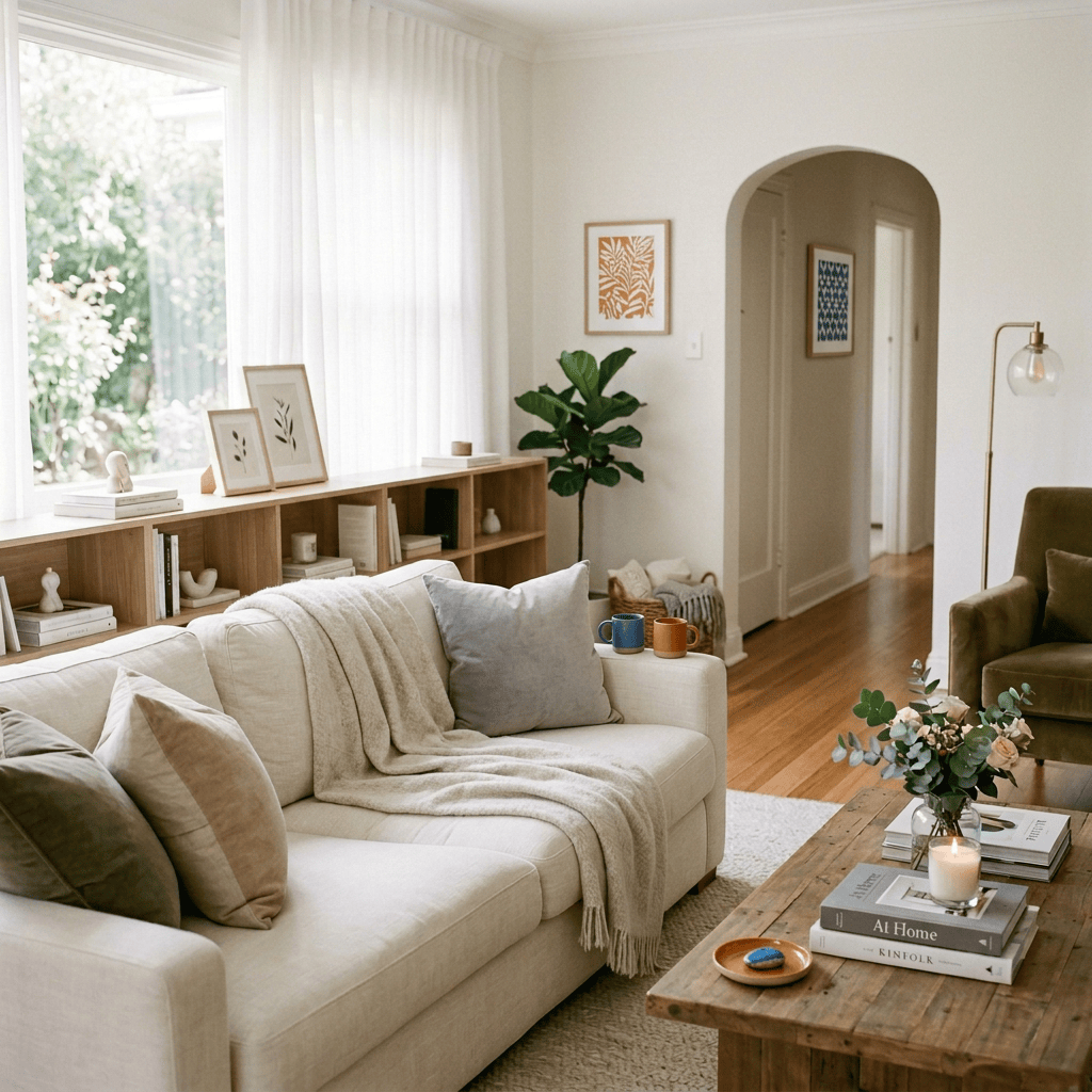 Woman holding coffee while seated cross-legged on a living room sofa