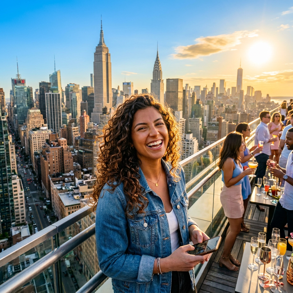 Smiling woman holding a phone on a rooftop overlooking Manhattan skyline