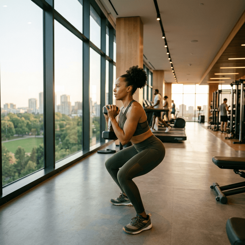 Woman performing a dumbbell squat in a bright gym overlooking a city park