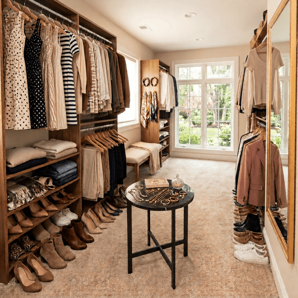 Organized walk-in wardrobe with hanging clothes, shelves, mirror, and jewelry table