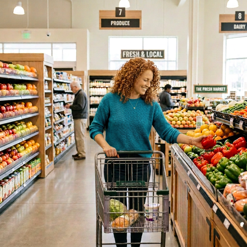 Shopper selecting a red pepper beside a grocery cart in a produce aisle